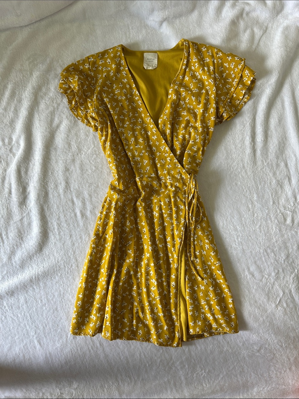 Mustard Yellow Floral Wrap Mini Dress with Tie Waist